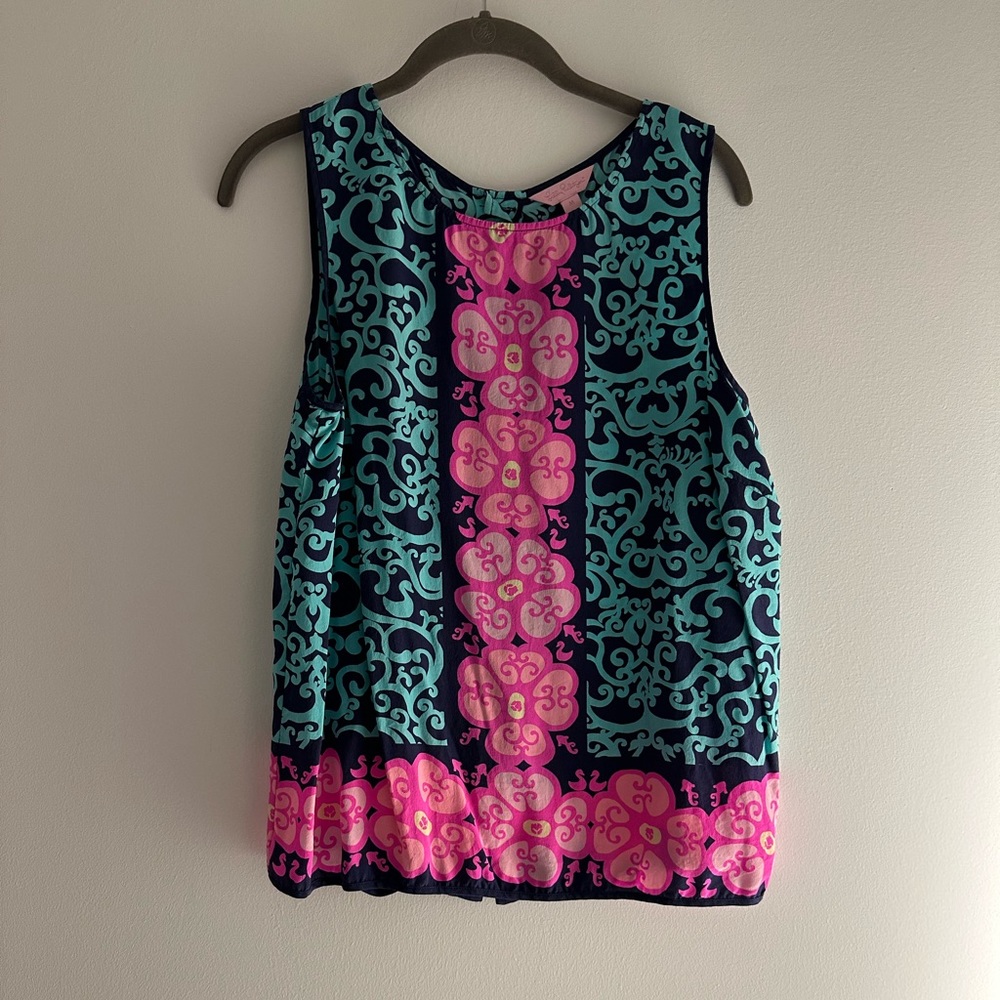 NWOT Lilly Pulitzer Silk Pink & Blue Floral Tank w/ Gold Buttons, size: M